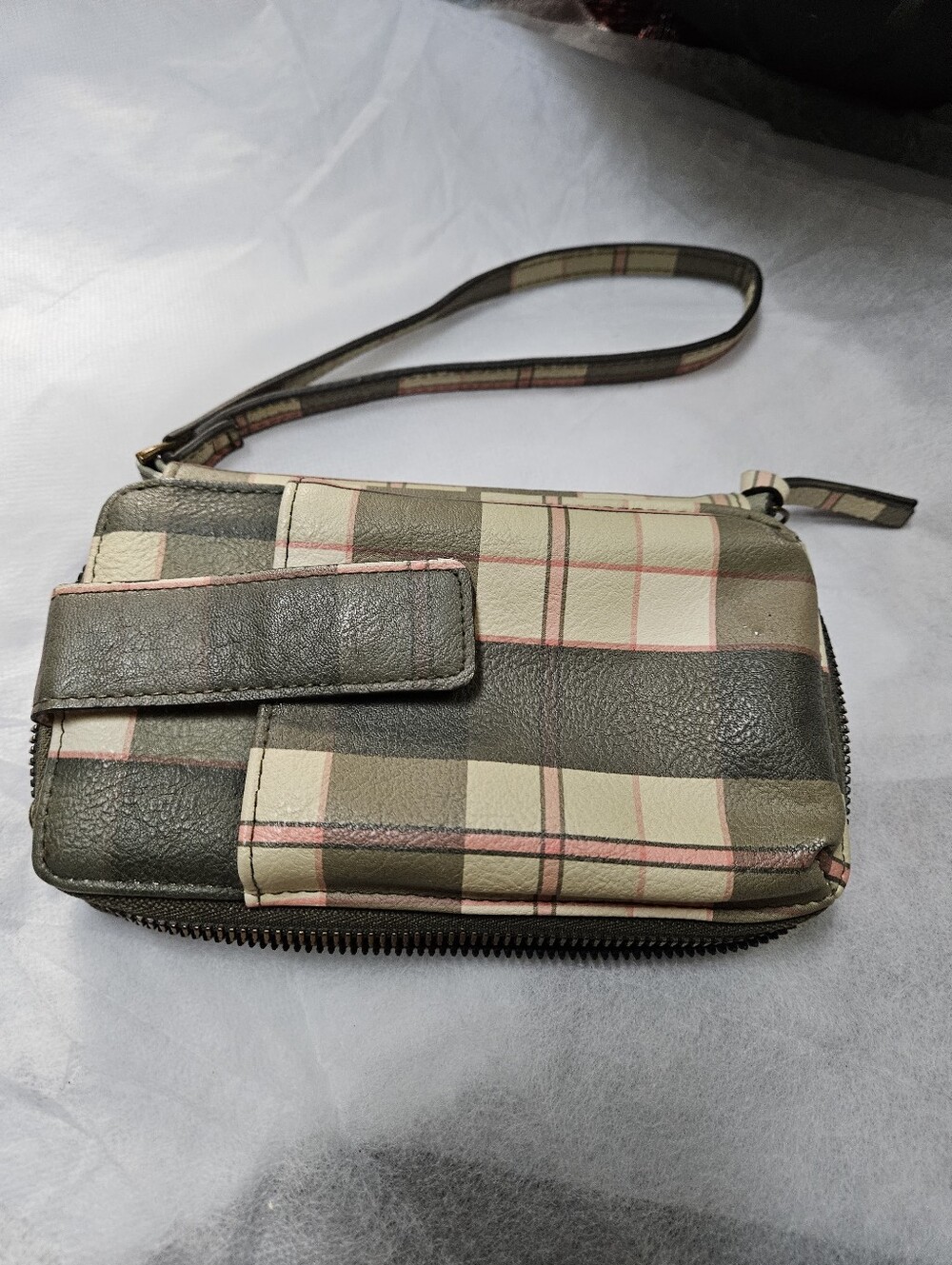 Leather Wristlet Clutch in Green Plaid